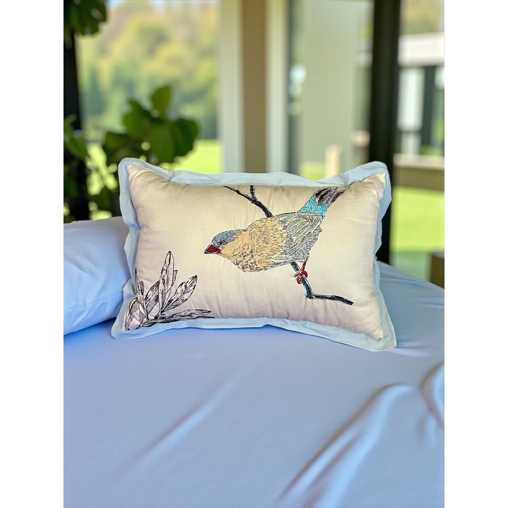 Madison Park Quincy Bird Embroidered Lumbar Pillow-Blue Botanical-Cottage-Nature